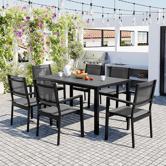 U-Style Steel Outdoor Table and Chair Set, 7 Piece Patio Dining Set for 6, Rectangular Balcony Table and Chairs, Suitable for Patio, Courtyard, Garden (Gray)