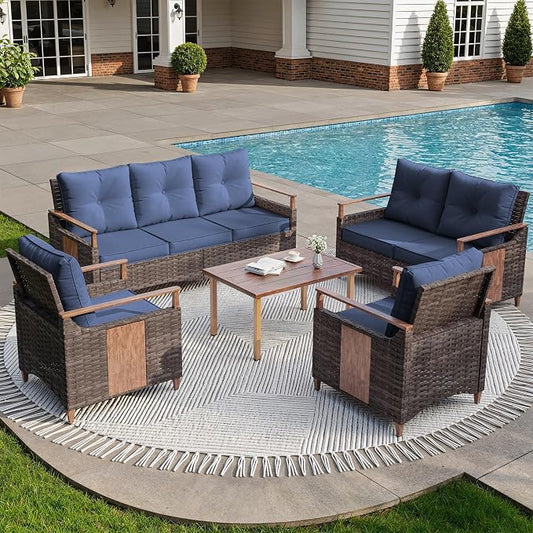 NestNook 5 Pieces Patio Furniture Set, Outdoor Conversation Set with All-Weather Handwoven PE Wicker Sofa, Rattan Chairs and Thick Cushion, Loveseat & Coffee Table for Backyard, Deck & Poolside, Blue