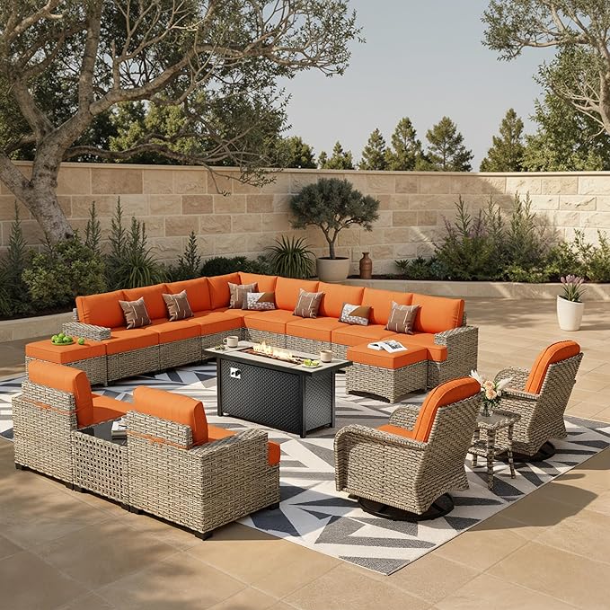 HOOOWOOO Sectional Patio Furniture Set with Fire Pit Table,17 Pieces Wicker Outdoor Furniture L Shaped Couch,Outside Conversation Set Extra Deep Sofa Wide Arm Swivel Chairs Ottoman Light,Brick Red