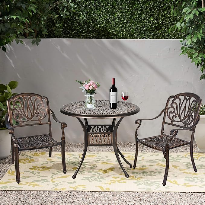 Grepatio 3 Piece All Weather Cast Aluminum Dining Set - 2 Elizabeth Chairs and 35.4" Bistro Table with Umbrella Hole -Outdoor Furniture Dining Set for Patio