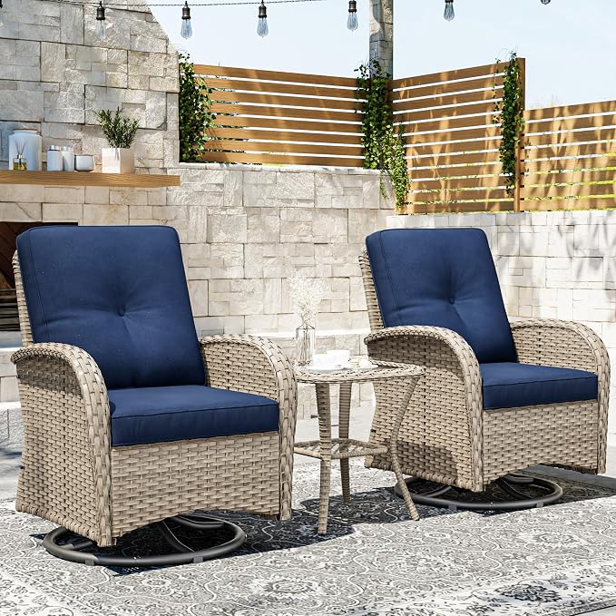 Joyside Outdoor Swivel Rocker Chairs, 3 Piece Wicker Patio Set with Thickened Cushions, High Back, Deep Seating, Wide Armrest, Outdoor Swivel Chairs for Porch, Deck