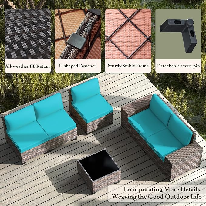 7 PCS Outdoor Patio Furniture Set,Outdoor Sectional Furniture with 43" 55000 BTU Gas Propane Fire Pit Table,All Weather PE Rattan Wicker Patio Conversation Set,Turquoise Blue