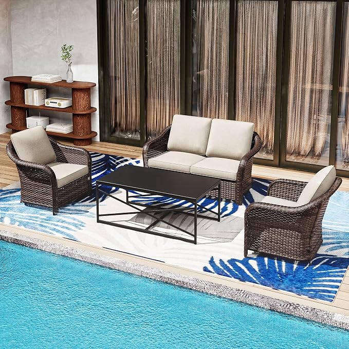 4 Pieces Outdoor Conversation Furniture Set, 55" Patio Couch，47" Metal Coffee Table, 2 Chairs, Rattan Wicker Sofa with Removable Cushions for Bistro, Deck (Beige)