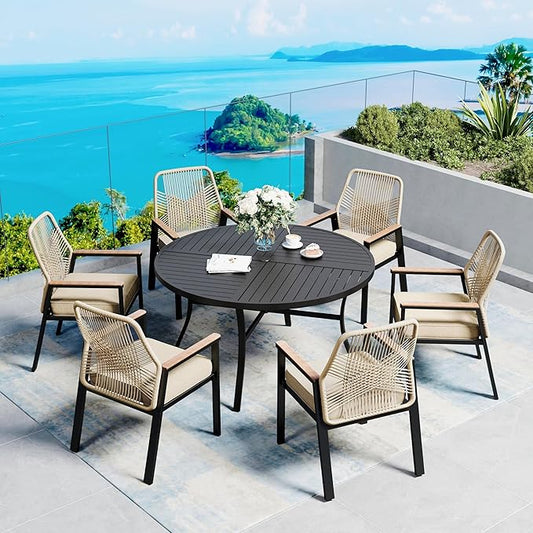 SUNSHINE VALLEY 7 Pieces Patio Dining Set, 6 x Woven Rattan Chairs with Waterproof Cushion, 54” Metal Round Dining Table with Umbrella Hole, Outdoor Table and Chairs Set for Backyard Lawn and Deck