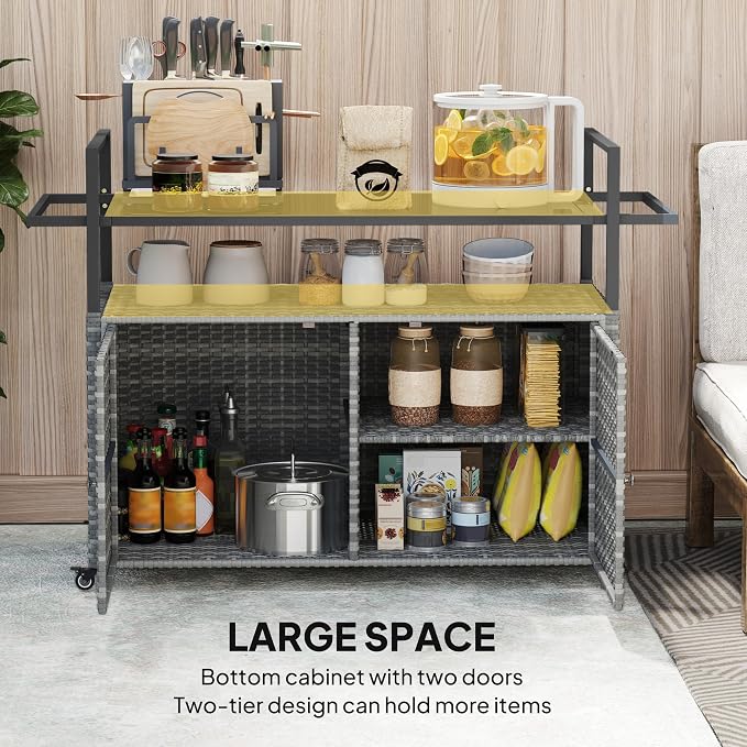 Outsunny PE Rattan Outdoor Storage Cabinet, Wicker Outdoor Bar Table Kitchen Island with Wheels & 2-Tier Shelf, Patio Serving Cart with Glass Top, Handles, Towel Racks for Poolside, Mixed Gray