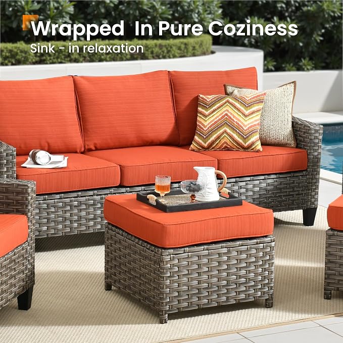 CAODOC Wicker Patio Furniture Set,8 Pieces Modern Outdoor Conversation Set Sectional Sofa with Cushion and Ottomans for Garden, Poolside, Backyard