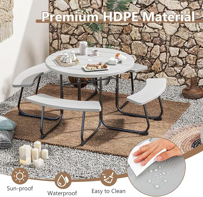 COSTWAY Round Picnic Table with Umbrella Hole, Outdoor Picnic Table with Bench Set for 4-8 People, HDPE Tabletop, Patio Dining Furniture Set for Family Gatherings, BBQ Party, Backyard (Grey)