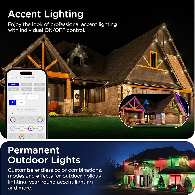 Enbrighten Eternity Permanent Outdoor Lights, 50ft, 32 Lights, Smart | Black Cord, RGBWIC LEDs, Weatherproof, Cuttable, Link to 200ft, Christmas, App Control, Works with Alexa & Google Home