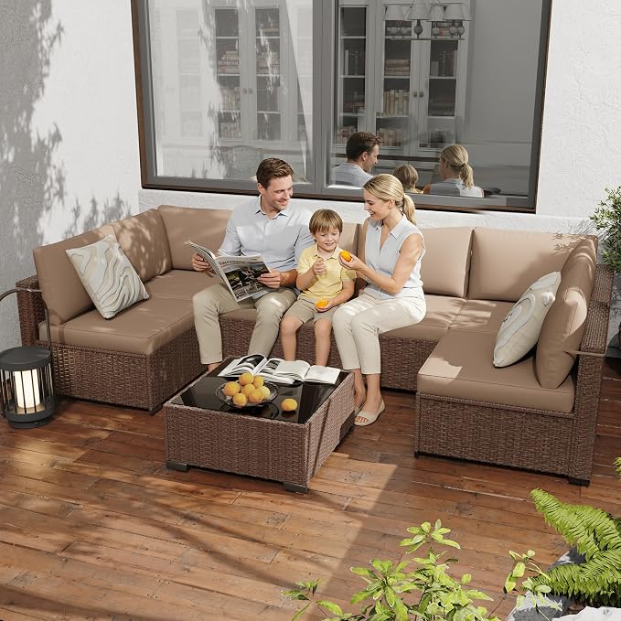 KIGOTY 7-Piece Patio Furniture Set, All-Weather PE Rattan Outdoor Sectional Sofa, Modular Wicker Conversation Set with Thick Cushions & Easy-Clean Coffee Table（Brown/Camel）