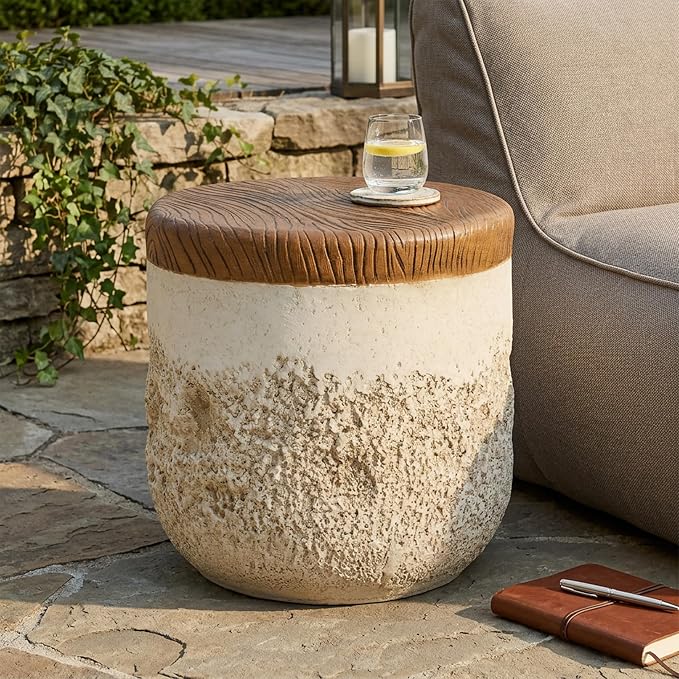 Verna Outdoor Patio Round MGO Side Table, Dual-Texture Accent End Table with Faux Wood Grain Top, Beige Organic Modern Stand for Balcony Garden Poolside Living Room Bedroom