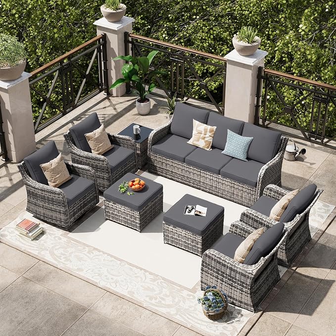 MEISSALIVVE 8 Pieces Patio Furniture Set with Swivel Chair, Wicker Patio Sofa, Rattan Conversation Set with Three-seat Sofa, 2 Fixed Single Chair for Lawn Backyard (Grey)