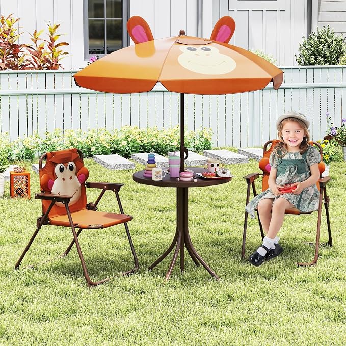 KOTEK Kids Picnic Table with Umbrella, Outdoor Table & 2 Folding Chairs, Cute Pattern Children’s Patio Furniture, Portable Kids Table and Chair Set for Backyard, Garden, Beach (Brown)