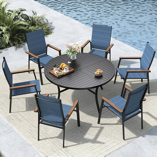 MFSTUDIO 7 PCS Patio Dining Set, 54" Round Table & Aluminum Chairs, Blue | Stackbale chairs, Light-weight & space-saving, Square Table, Umbrella Hole, Patio deck, 6 person