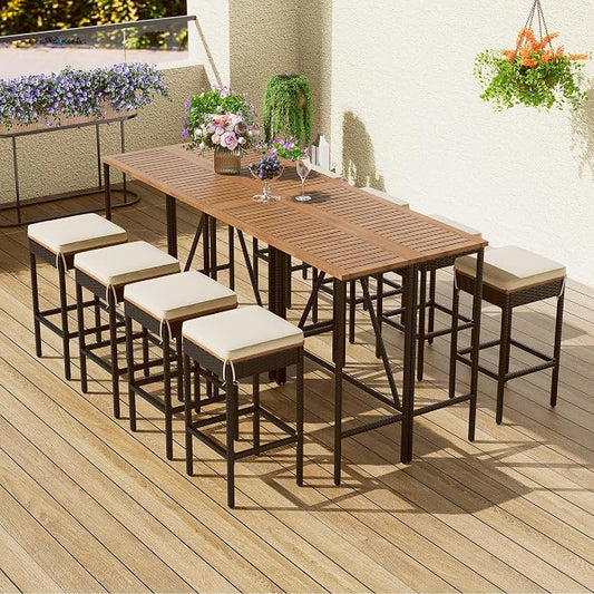 10 Piece Patio Table and Chairs Set for 8, 2 Acacia Wood Bar Height Table and 8 Stools with Cushions, PE Rattan Wicker Dining Table, Foldable Tabletop, Outdoor All-Weather Dining Set, Brown