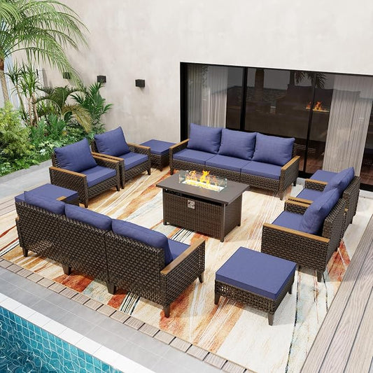 15 Piece Patio Furniture Set with 50000 BTU Propane Fire Pit Table, All-Weather Wicker Rattan Outdoor Sectional Sofa Set with High Back and Thick Cushions for Garden, Porch, Poolside, Blue