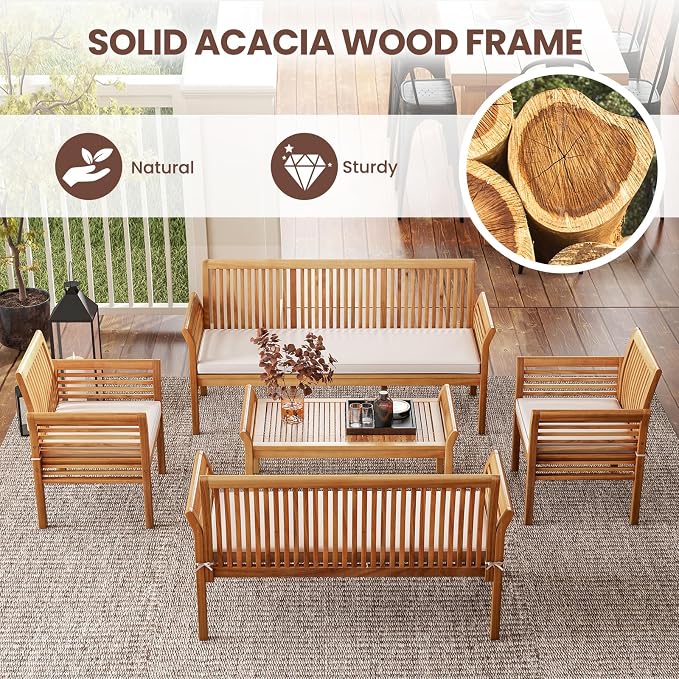 RELAX4LIFE 5-Piece Patio Furniture Set - Acacia Wood Sofa Set w/3-Person Bench, Loveseat, 2 Chairs, Coffee Table & Cushions, Balcony Furniture for Garden Poolside Yard Porch, Outdoor Conversation Set