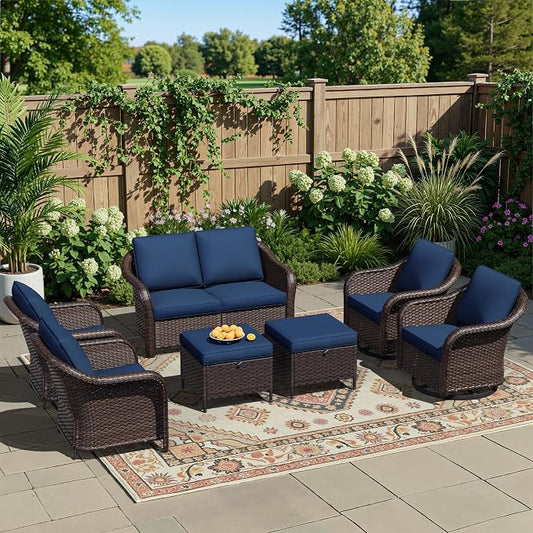 7 Piece Patio Wicker Conversation Set, All-Weather Use Outdoor Wicker Loveseat with 2 PE Rattan Ottomans,2 Chair, 2 Swivel Chair, Ideal for Porch, Backyard, Balcony, Poolside, Blue