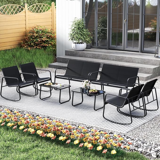 Tangkula 8 Piece Patio Furniture Set, Outdoor Rocking Bistro Set with 4 Rocking Chairs, 2 Loveseats & 2 Tempered Glass Coffee Tables, Porch Rocker Chair Conversation Set for Balcony Poolside Garden