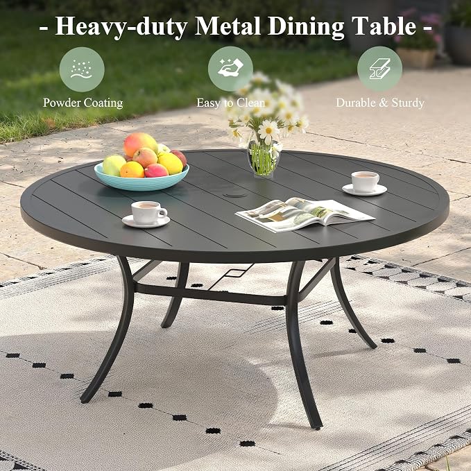 Outdoor Dining Set for 8, 53" Metal Round Outdoor Dining Table with Umbrella Hole and Wicker Stackable Patio Chairs, 9 Pieces Patio Table and Chairs Set for Garden Backyard, Black