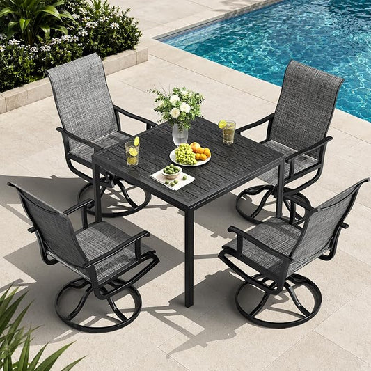 Pamapic 5-Piece Outdoor Dining Set, All Weather Patio Table and Chairs Set with Umbrella Hole, Wood-Like Metal Table and 4 360° Swivel Textilene Chairs for Backyard, Poolside, Deck, Porch, Grey