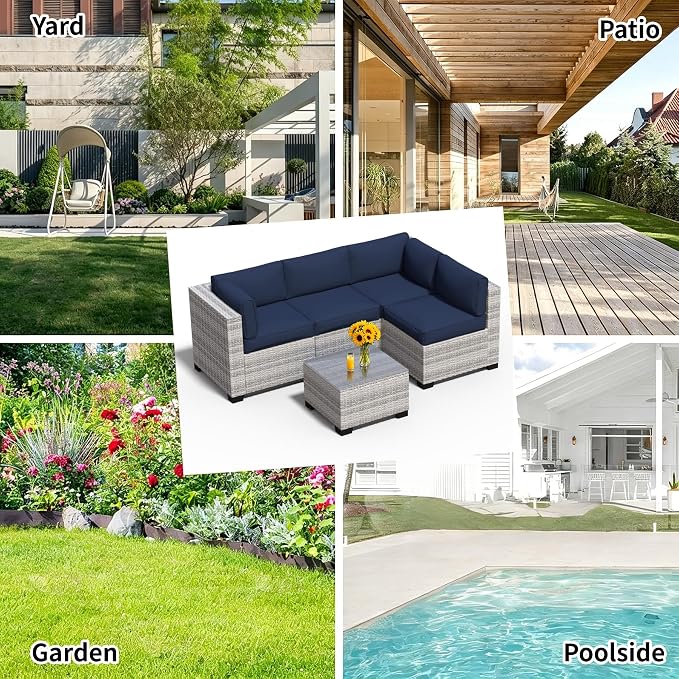 5 Pieces Outdoor Patio Furniture Set, Wicker Modular Sectional Sofa, All Weather Conversation Sets with Glass Table for Yard, Garden, Poolside, Off-White Rattan & Navy Blue Cushions