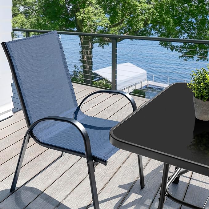 NUU GARDEN 5-Piece Patio Dining Set, Square Metal Table & Stackable Chairs | 31.5-inch square bistro table with built-in umbrella hole. 4 stackable lawn chairs with black and blue design
