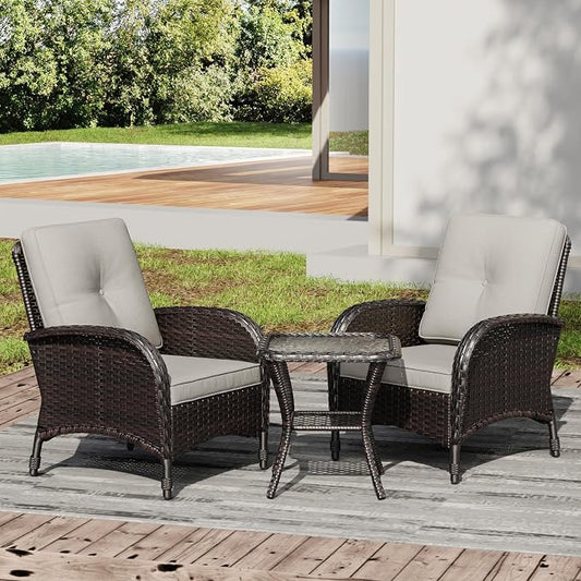 Joyside Wicker Patio Chairs, 3 Piece Rattan Outdoor Furniture with Thickened Cushions, High Back, Deep Seating, Wide Armrest, Outdoor Chairs for Porch, Deck