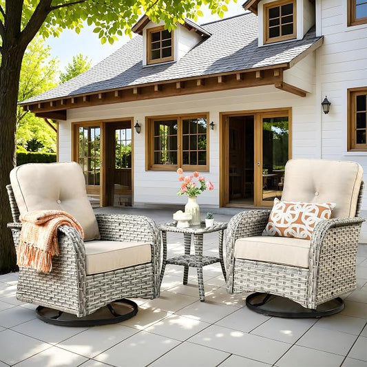 Outdoor Swivel Rocker Patio Chairs, Wicker Glider Swivel Rocking Chair Set of 2, All-Weather Rattan Bistro Set with Coffee Table for Deck Porch Balcony Poolside, Begie