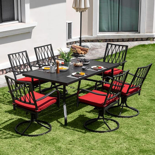 NUU GARDEN 7 Piece Outdoor Dining Set, Outdoor Furniture Set for Rectangle Iron Umbrella Dining Table and 6 Cushioned Swivel Chairs, Black and Red Cushion