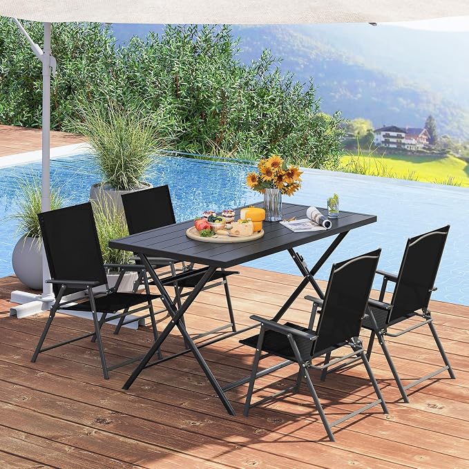 Tangkula 5 Pieces Foldable Outdoor Dining Set for 4, Patio Large Rectangular Metal Dining Table & 4 Patio Folding Chairs, Outdoor Table and Chairs Furniture Set for Backyard Garden Deck
