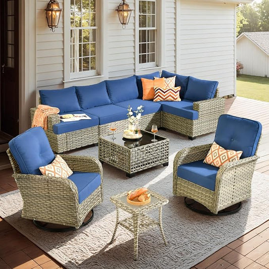CAODOC 9 Piece Patio Furniture All Weather 7-Seater Outdoor Sectional Sofa with Patio Swivel Chairs and Solar Powered Coffee Table for Porch,Garden,Backyard,Deck(Blue)