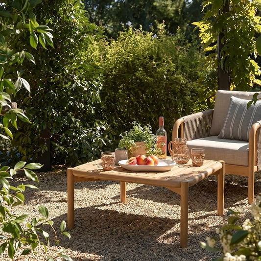 Christopher Knight Home Aladi Outdoor Coffee Table for Patio Furniture Set, Acacia Wood Side Table with Slats Panel Support Tabletop, Square Patio Table for Poolside Balcony Garden, Light Teak