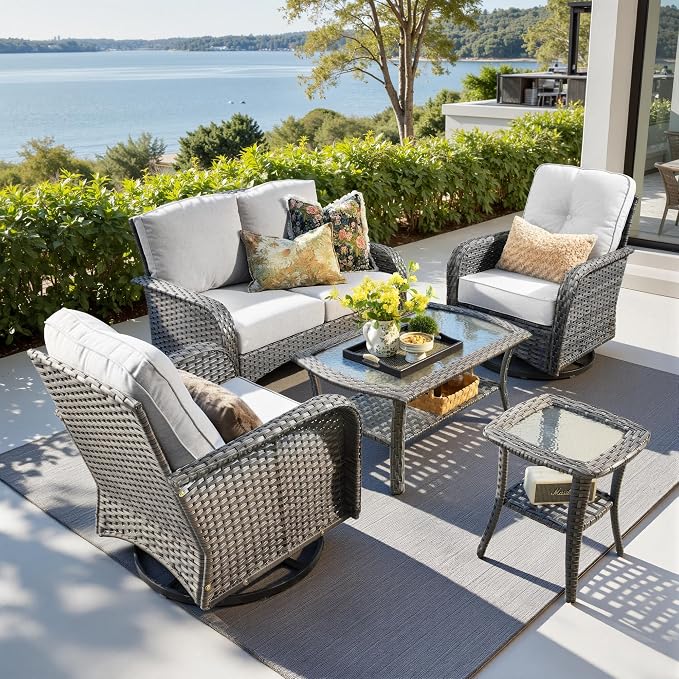 CAODOC 5 Pieces Patio Furniture Set,Outdoor Furniture with Rockers, Rattan Conversation Sets w/Coffee Table, Grey Wicker Light Grey Cushion