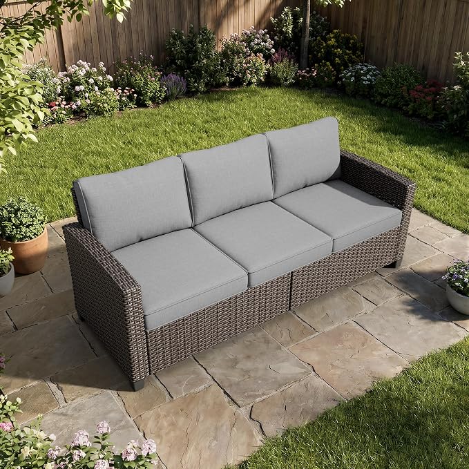 WWR Patio Furniture Set-30% Thicker Wicker-Luxury 1 Piece PatioWicker Outdoor Patio Conversation Set with Extra Wide & Thick Cushions, 3-Seat Sofa for Backyard, Porch & Deck
