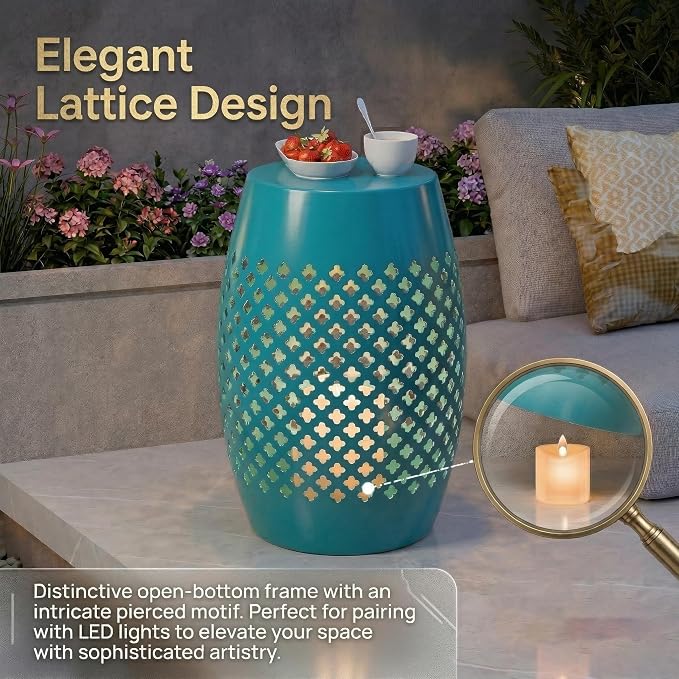 Teal Steel Outdoor Side Table, 12.5" Round Hollow Drum Patio End Table with Geometric Lattice Design, Decorative Metal Accent Table for Garden, Balcony, Living Room, No Assembly