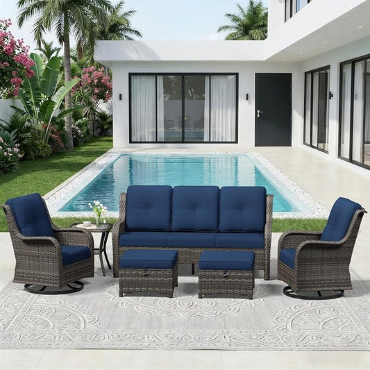 6 Piece Outdoor Wicker Patio Furniture Set, Outdoor Swivel Rocker Patio Chairs Set with Thickened Olefin Cushions, High Back and Deep Seating, Hand-Woven PE Rattan for Porch, Deck