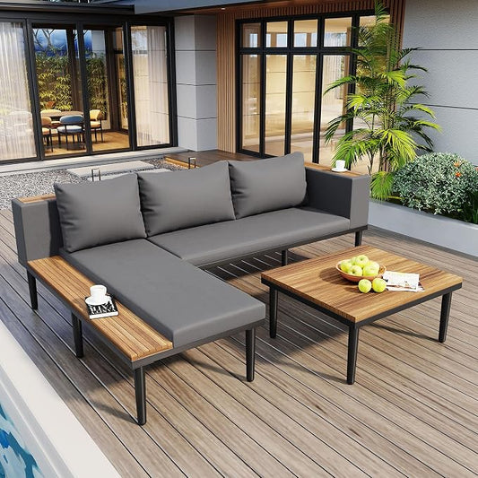 Luxury Patio Furniture Set with Removable Cushions and Coffee Table, L-Shaped Acacia Wood Sofa with Side Table, Outdoor Conversation Sectional Sofa for Backyard,Porch (Gray#51)