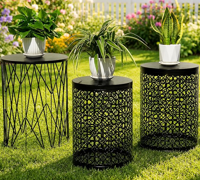 Y&M Outdoor Side Tables, Set of 3 Metal Stacking Patio Side Tables for Outside, Round Indoor End Tables, Coffee Accent Poolside Tables for Patio Garden Balcony, Black