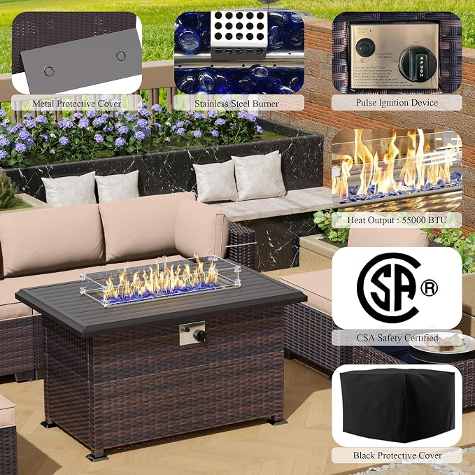 10 Pieces Outdoor Patio Furniture Set,Outdoor Sectional Furniture with 43" 55000 BTU Gas Propane Fire Pit Table,All Weather PE Rattan Wicker Patio Conversation Set,Sand