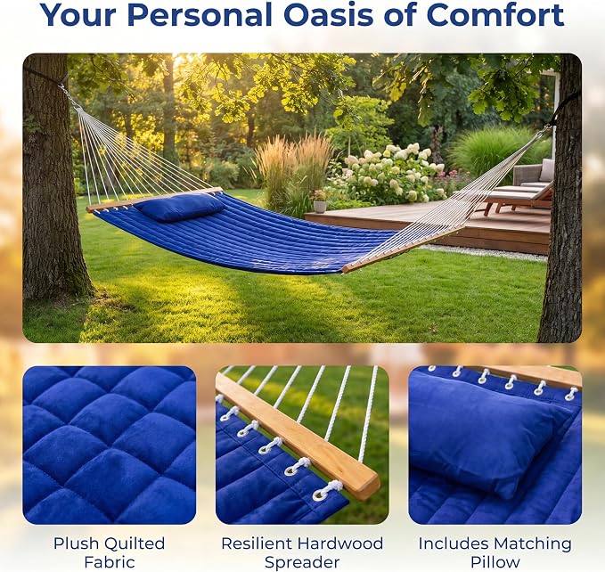Double Quilted Hammock with Spreader Bar, Pillow & Chains, 450 lbs Capacity, Weather Resistant, for Patio, Backyard, Beach, Outdoor, Navy Blue