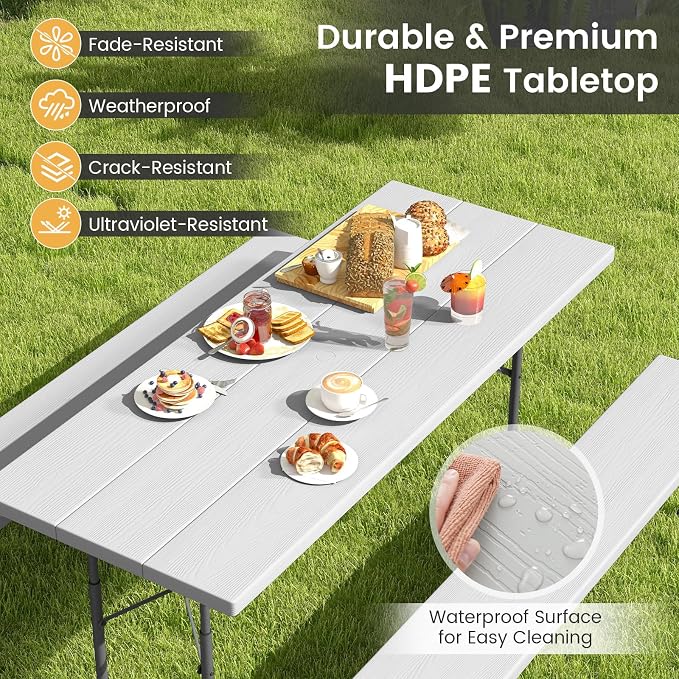 Giantex 6 FT Folding Picnic Table Bench Set- Outdoor Dining Set for 8 Persons w/All-Weather HDPE Tabletop, Metal Leg, Large Outside Dining Table for Lawn Patio Garden Yard Poolside, Grey