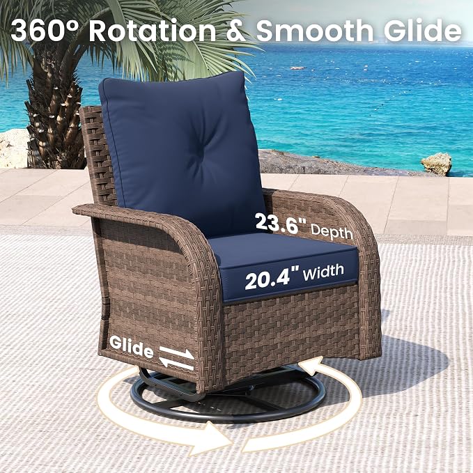 UDPATIO High Back Patio Furniture Set with 2 Swivel Rocker Chairs, Wicker Outdoor Conversation Sets with Thick Cushions & Ottoman, for Garden, Porch