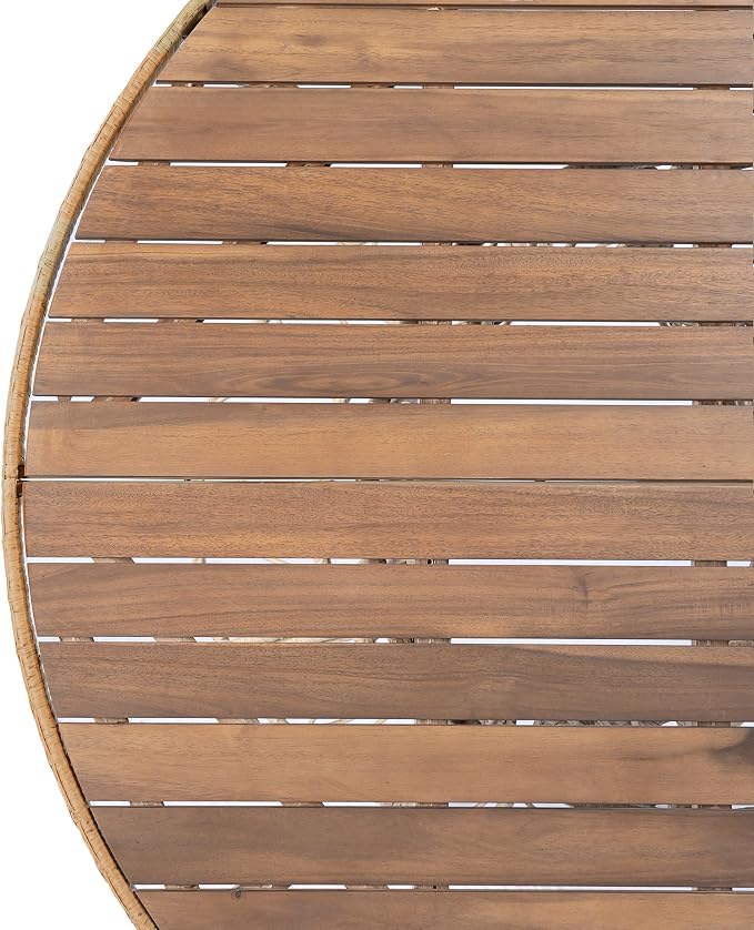 IRONORA Natural Acacia Wood Top Round Patio Dining Table, Woven Rattan Hourglass Base Outdoor Bistro Table, 4-6 Person Wooden Slatted Top Table for Backyard Balcony Garden Coastal Decor