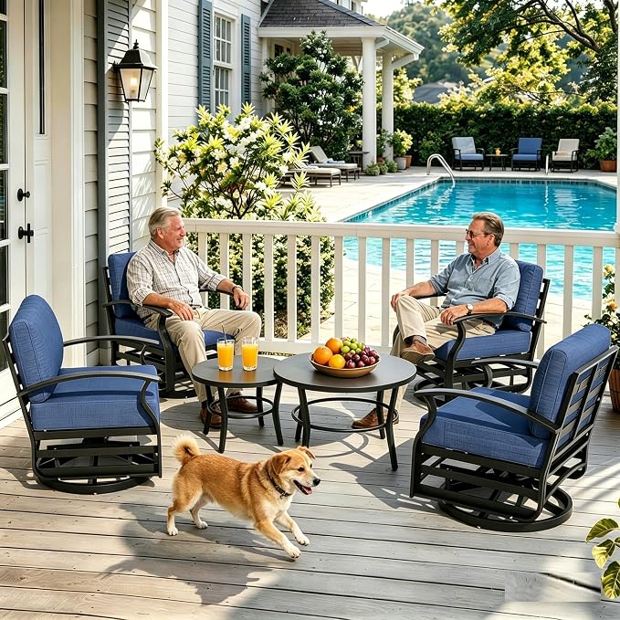 Gotland 6 Piece Patio Set, Aluminum Outdoor Swivel Chairs Set with Round Table 5.1’’ High-Resilience Seat Cushions 29.5" Deep Seating, Metal Patio Furniture Set Patio Conversation Sets, Navy