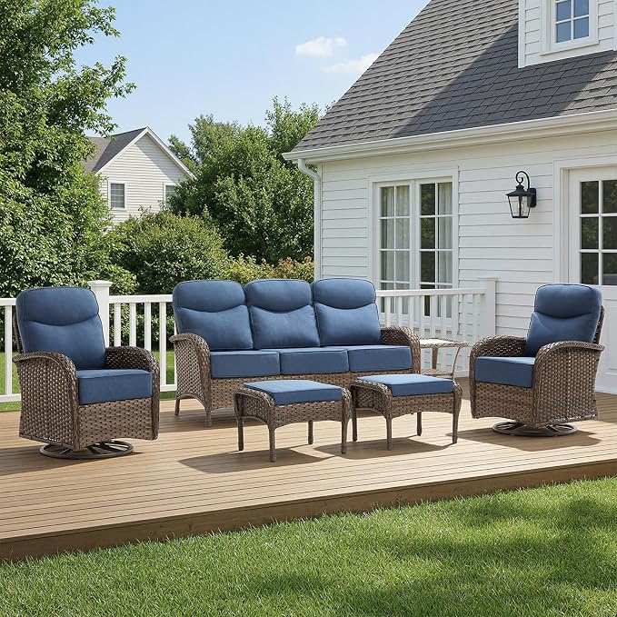 HUMMUH 5-Piece Patio Furniture Set with Upgraded 6" Thick Cushion - High Back Outdoor Swivel Rocker Chairs with 3-Seater Sofa,Ottomans,Wicker Outdoor Conversation Set for Deck,Porch,Yard,Poolside