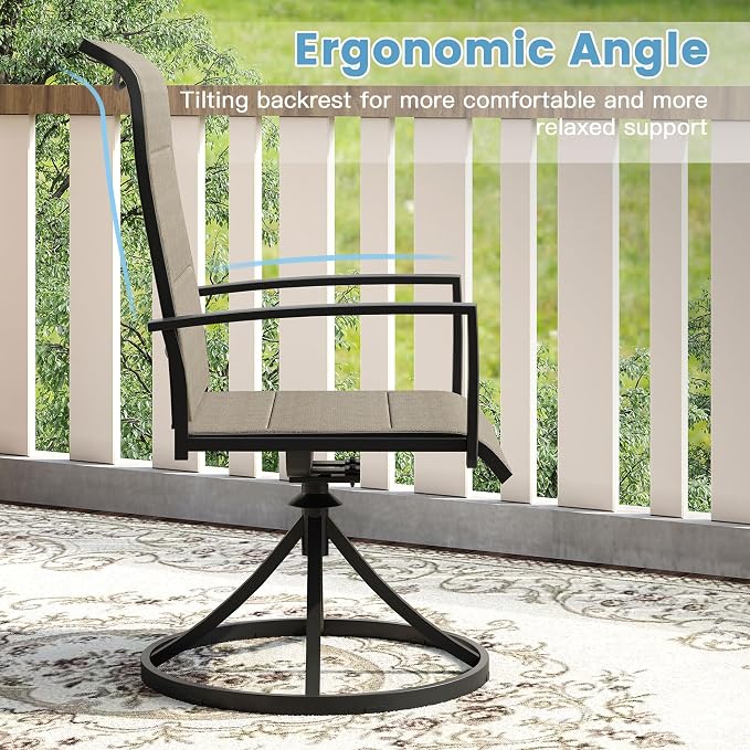 DIFY 5 Piece Outdoor Patio Dining Set for 4, 40.2" Black Square Metal Dining Table and Swivel Patio Chairs with Brown Padded Textilene, All-Weather Outdoor Furniture Set for Garden Backyard Porch