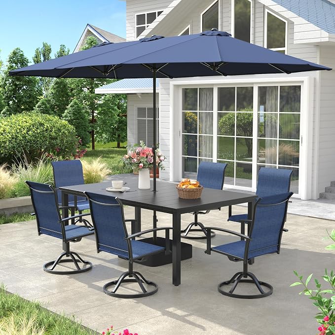 VICLLAX 8 Pieces Patio Dining Set with Umbrella, Patio Furniture Set of Metal Outdoor Table with Umbrella Hole and 6 Swivel Patio Chairs & Blue Patio Umbrella for Backyard Lawn, Dark Blue & Black