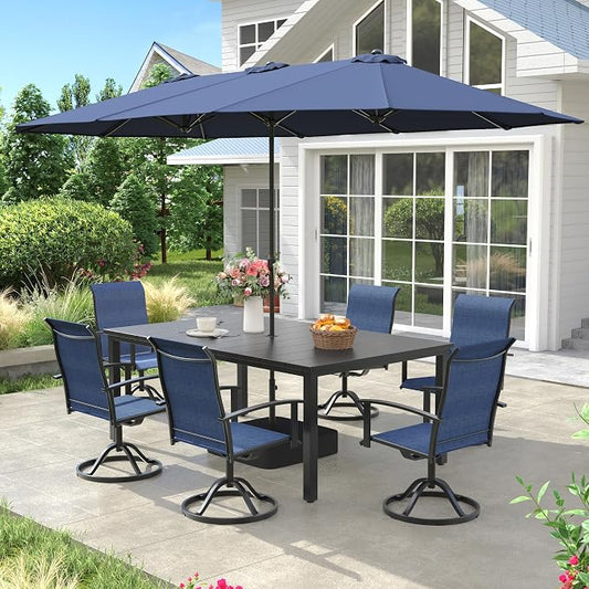 VICLLAX 8 Pieces Patio Dining Set with Umbrella, Patio Furniture Set of Metal Outdoor Table with Umbrella Hole and 6 Swivel Patio Chairs & Blue Patio Umbrella for Backyard Lawn, Dark Blue & Black