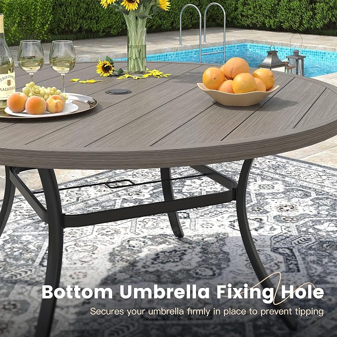 VICLLAX 63" Outdoor Patio Dining Table for 8-10, Metal Round Table with Umbrella Hole for Deck Lawn Garden Backyard, Grey