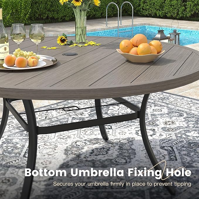 VICLLAX 50" Outdoor Round Patio Dining Table for 4-6, All Weather Metal Dining Table with Umbrella Hole for Deck Lawn Garden Backyard, Grey